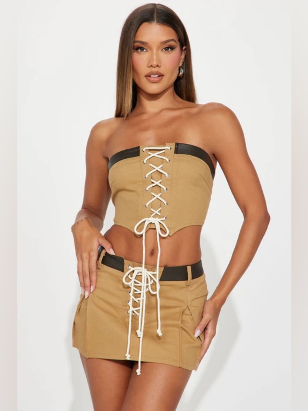 Strapless Lace-Up Crop Top in Khaki skirt set